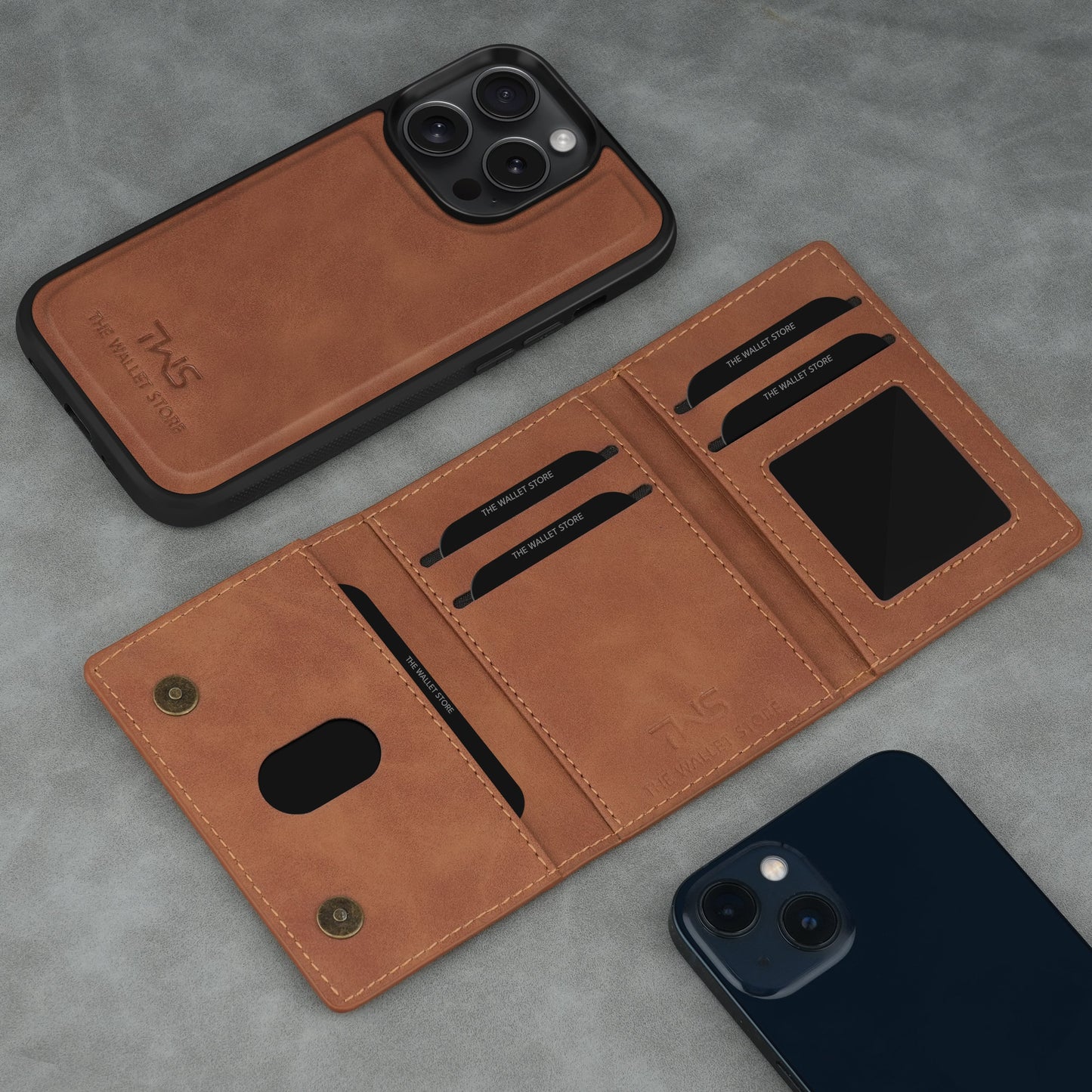 Premium Leather iPhone 15 Case Cover With Detachable Cardholder - Tan