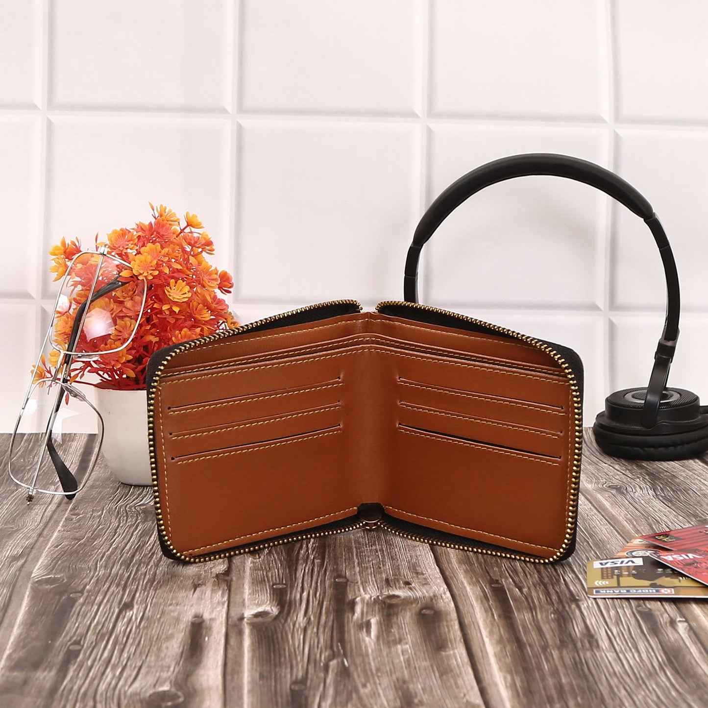 Personalized Unisex Wallet With Name & Charm - Tan