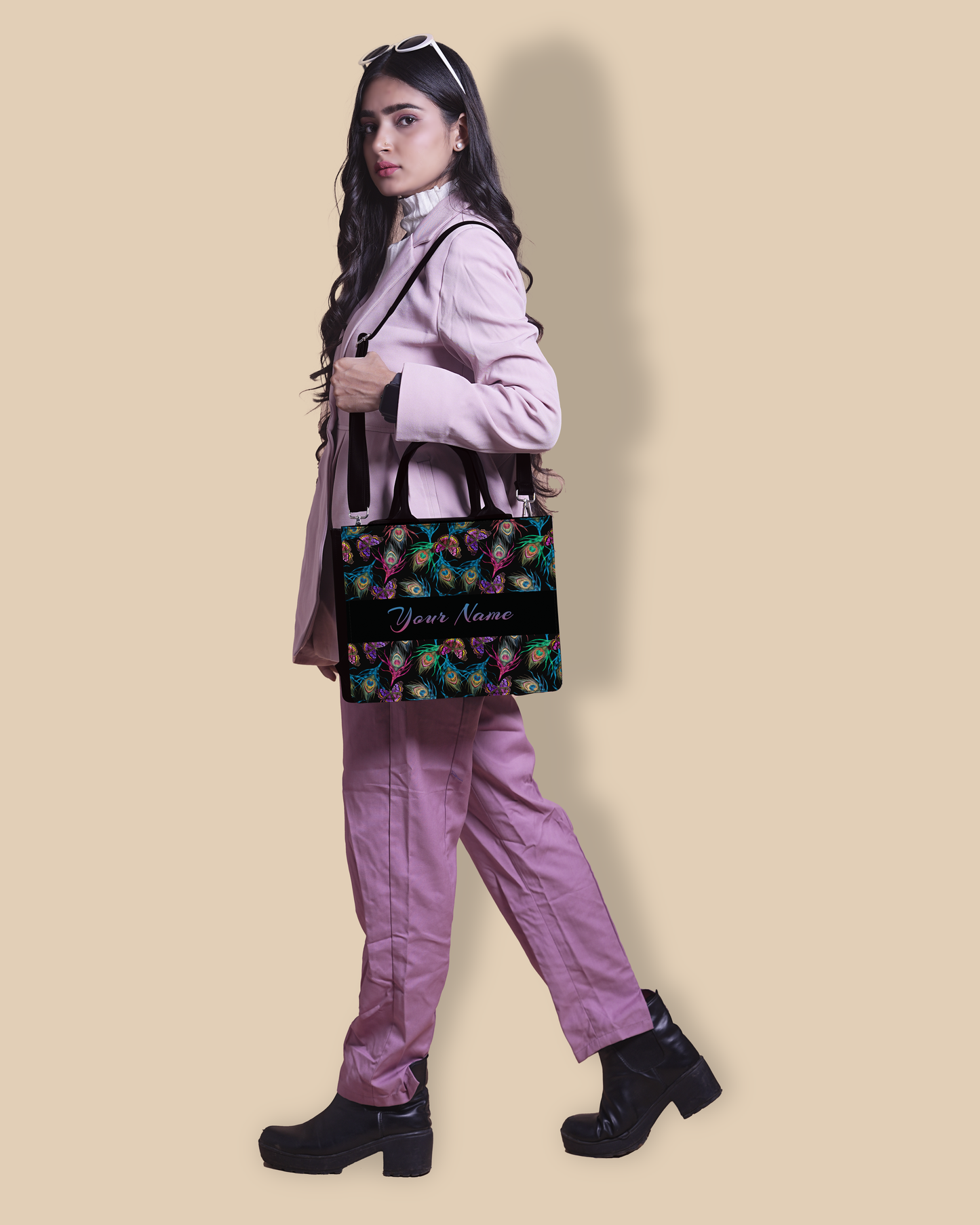 Customized small Tote Bag Designed With Colourful Peacock Feather And Flying Butterflies Pattern