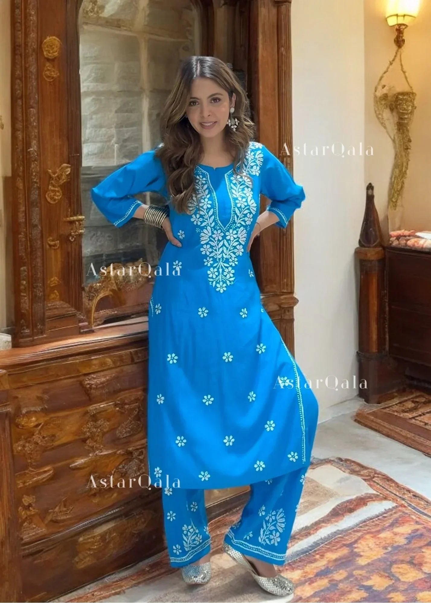 Chikankari Cotton Straight Kurta Set For Women (Dark Blue)