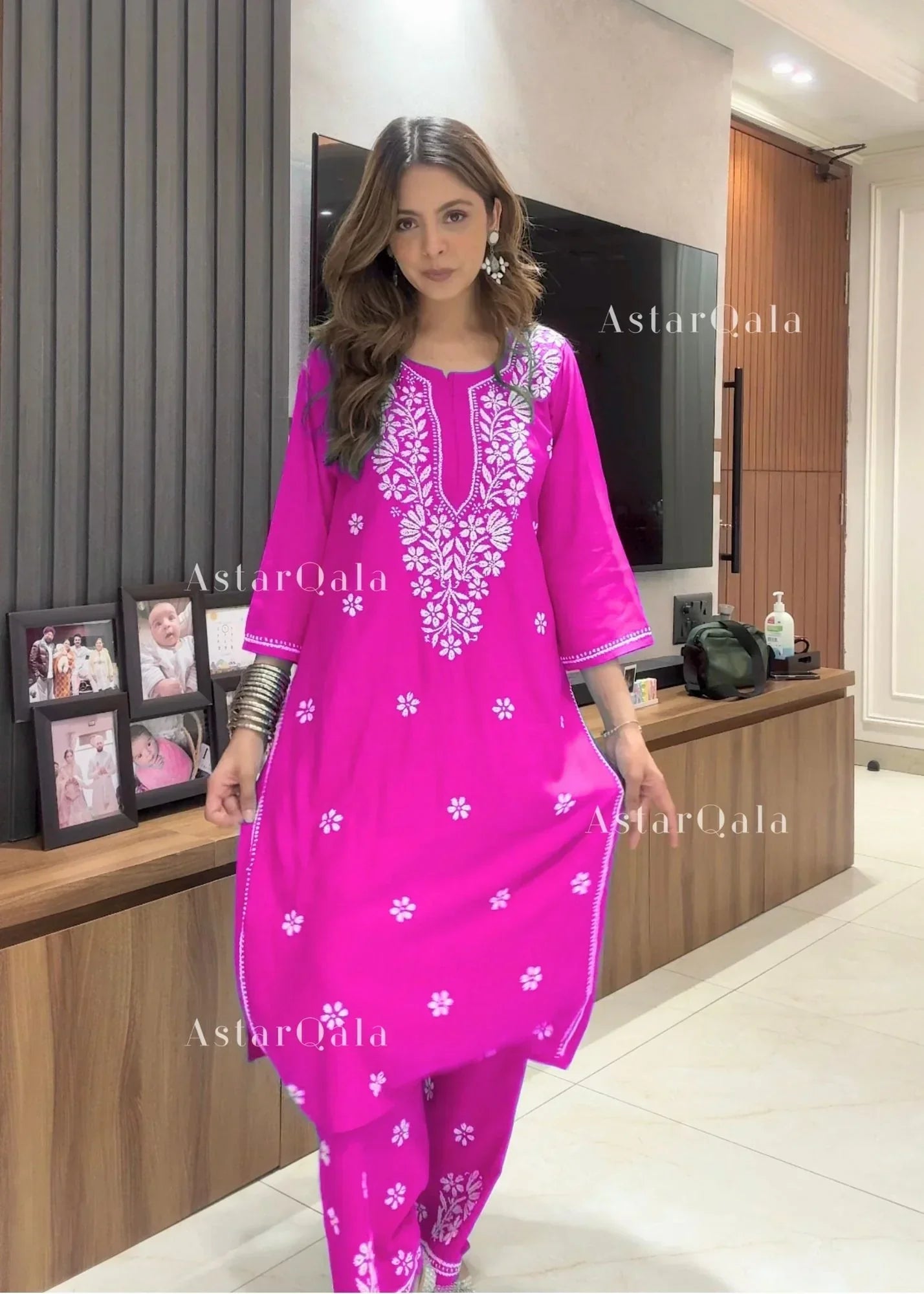 Chikankari Cotton Straight Kurta Set For Women (Rani Pink)