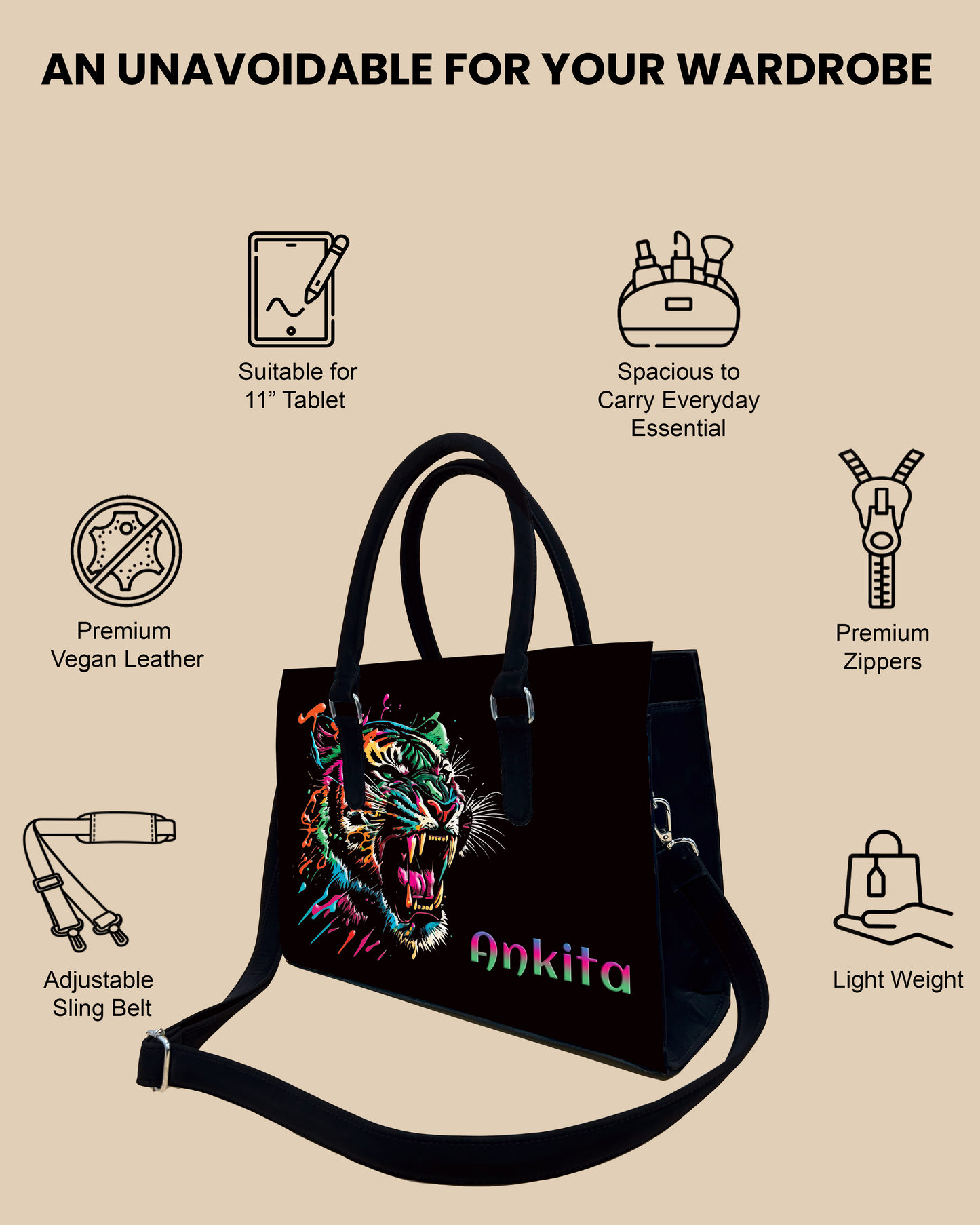 Colorful Roaring Bangal Tiger Designer Sling Tote