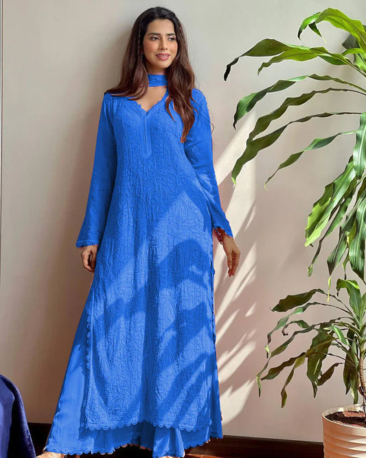 New Viscose Georgette Chikankari Kurta With Palazzo And Dupatta (Blue)