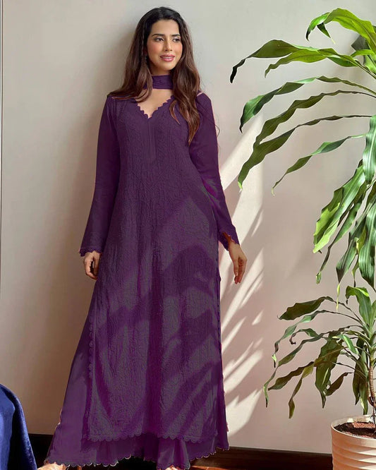 New Viscose Georgette Chikankari Kurta With Palazzo And Dupatta (Wine)