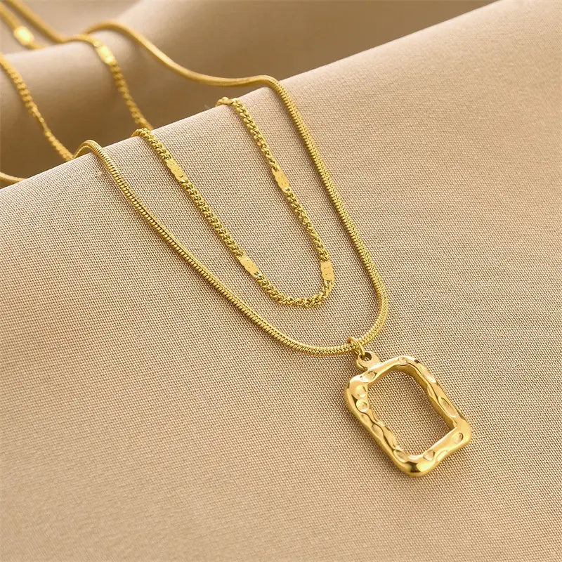 18K Gold Plated Anti-Tarnish Stainless Steel  Double Layered Snake Chain Simple Hollow Square Pendant Necklace For Women