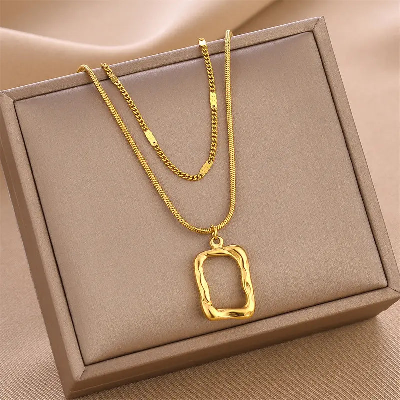 18K Gold Plated Anti-Tarnish Stainless Steel  Double Layered Snake Chain Simple Hollow Square Pendant Necklace For Women