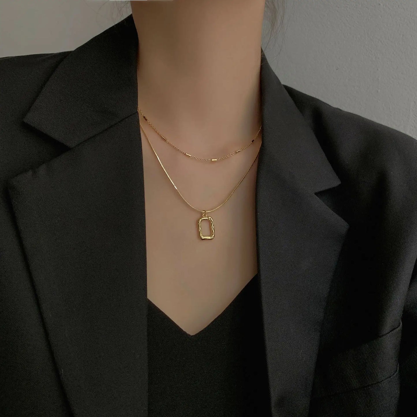 18K Gold Plated Anti-Tarnish Stainless Steel  Double Layered Snake Chain Simple Hollow Square Pendant Necklace For Women