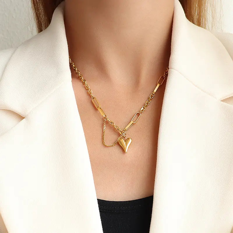 18K Gold Plated Anti-Tarnish Stainless Steel Romantic Heart Pendant Necklace For Women