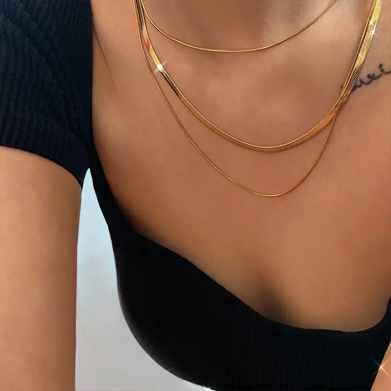Anti-Tarnish 18K Gold Plated Stainless Steel Triple Layered Snake Chain Necklace