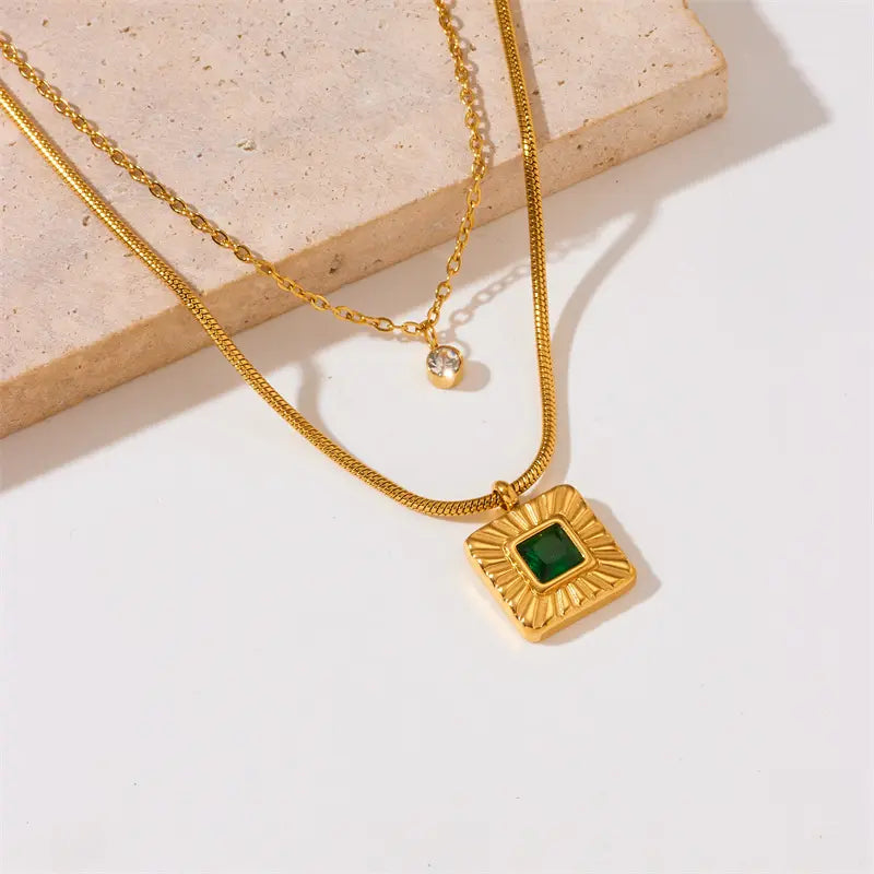 Anti-tarnish Stainless Steel 18k Gold Plated Double Layer Emerald Zircon Pendant Necklace Women