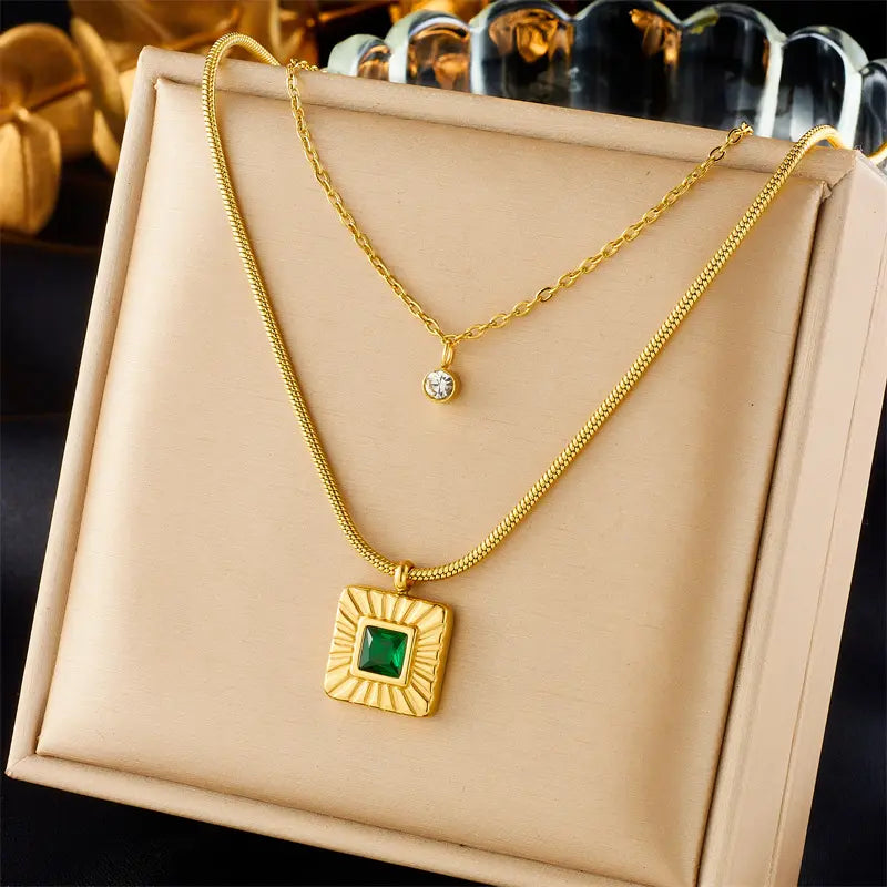 Anti-tarnish Stainless Steel 18k Gold Plated Double Layer Emerald Zircon Pendant Necklace Women