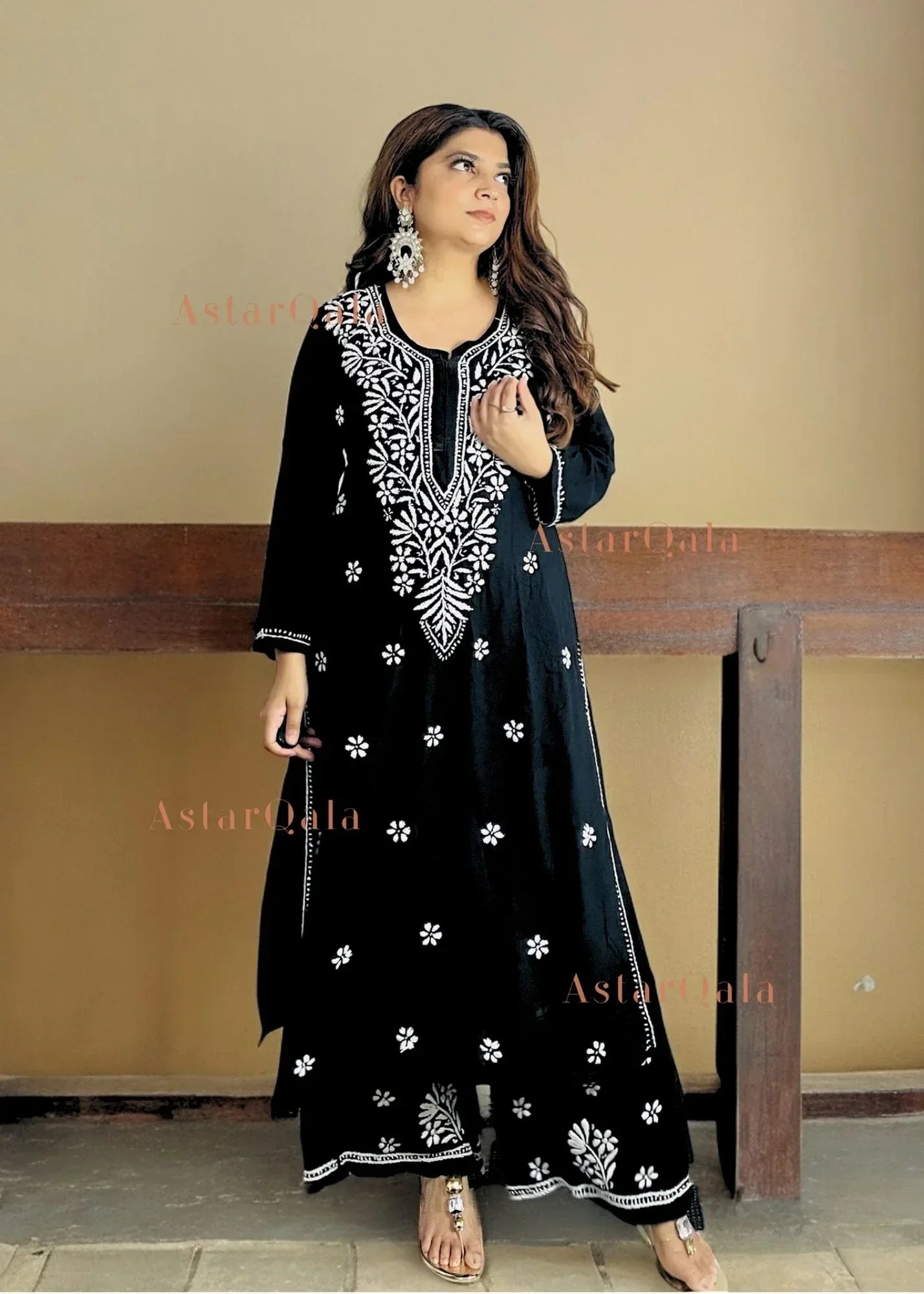 Chikankari Cotton Straight Kurta Set For Women (Black)