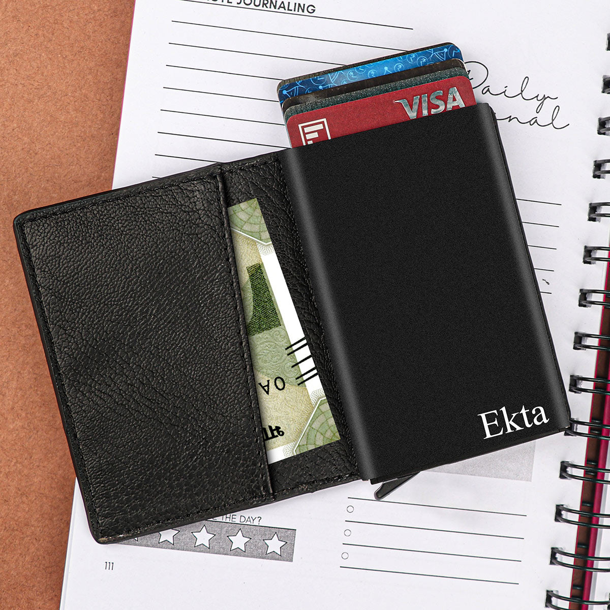 Personalized RFID Protected Metal Card Holder With Leather Cover