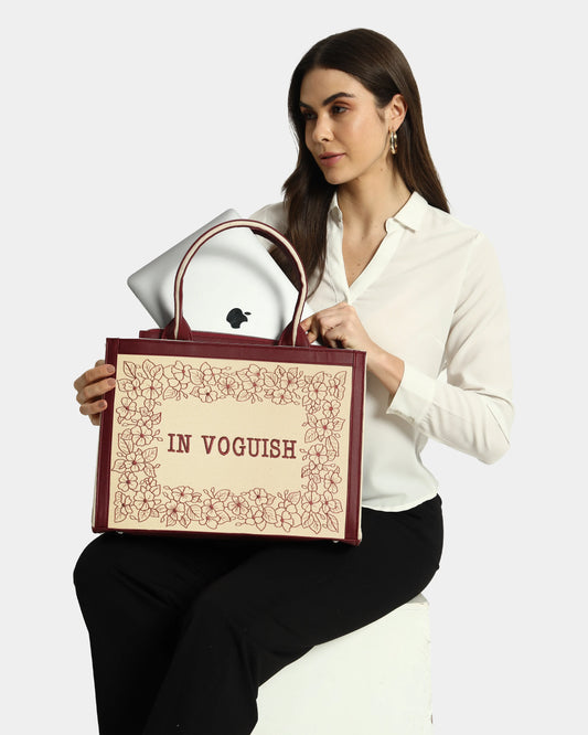 Designer Floral Pattern Wine Embroidered Tote Bag