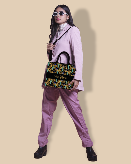 Customized Small Tote Bag Designed with Peacock Clutch Solid Black