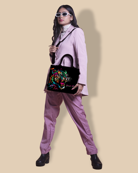 Customized small Tote Bag Designed With Colourfull Roaring Bangal Tiger