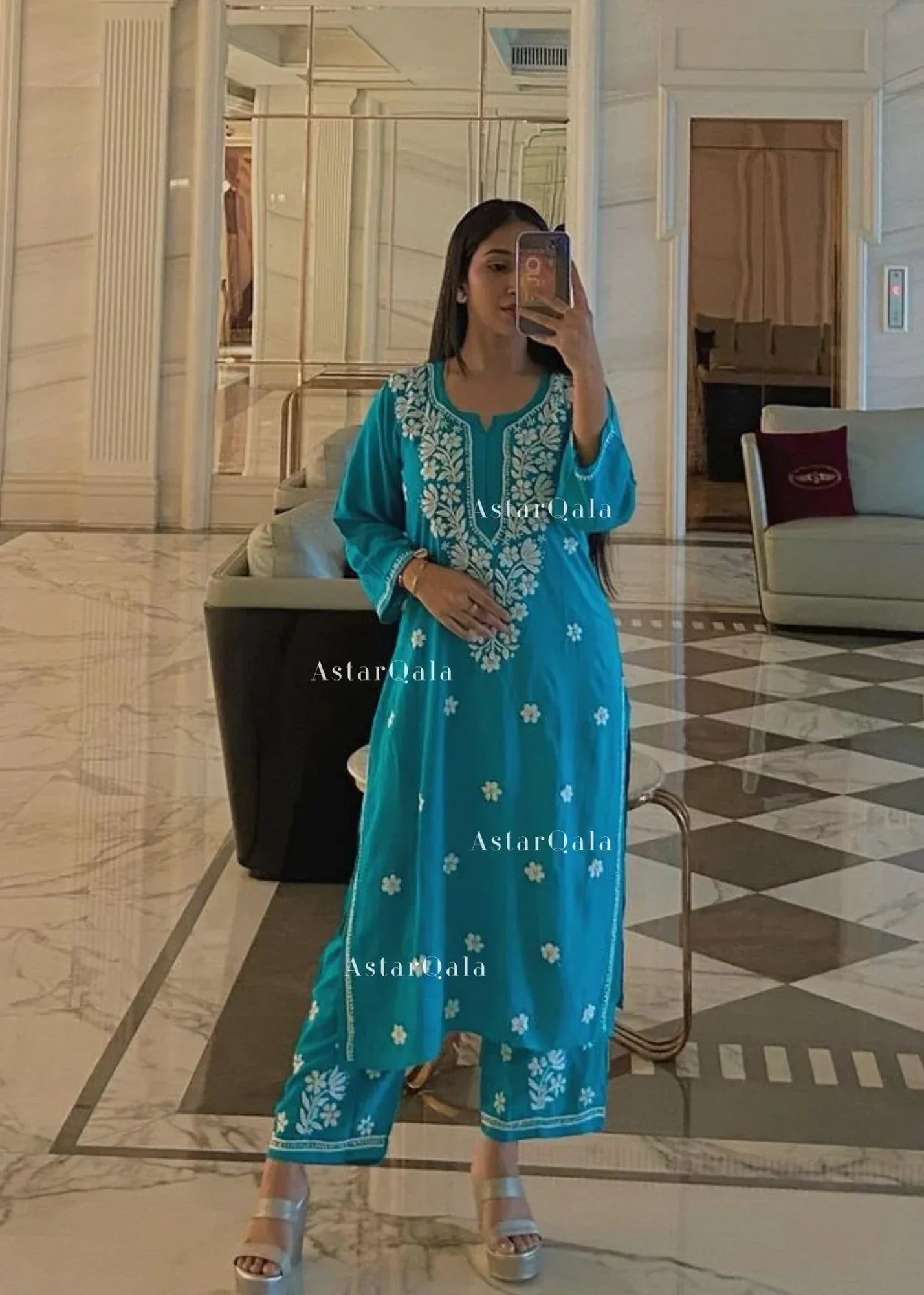 Chikankari Cotton Straight Kurta Set For Women (Blue)
