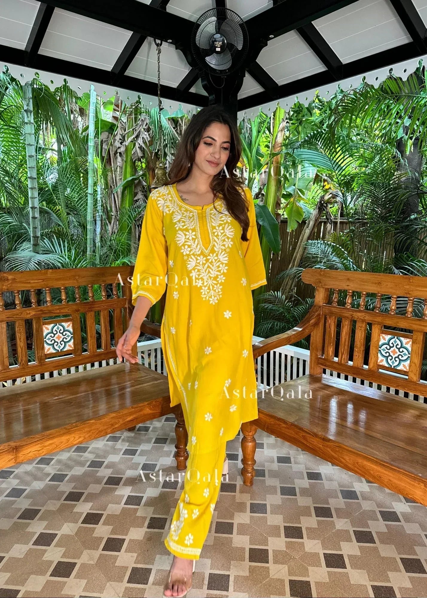 Chikankari Cotton Straight Kurta Set For Women(Yellow)