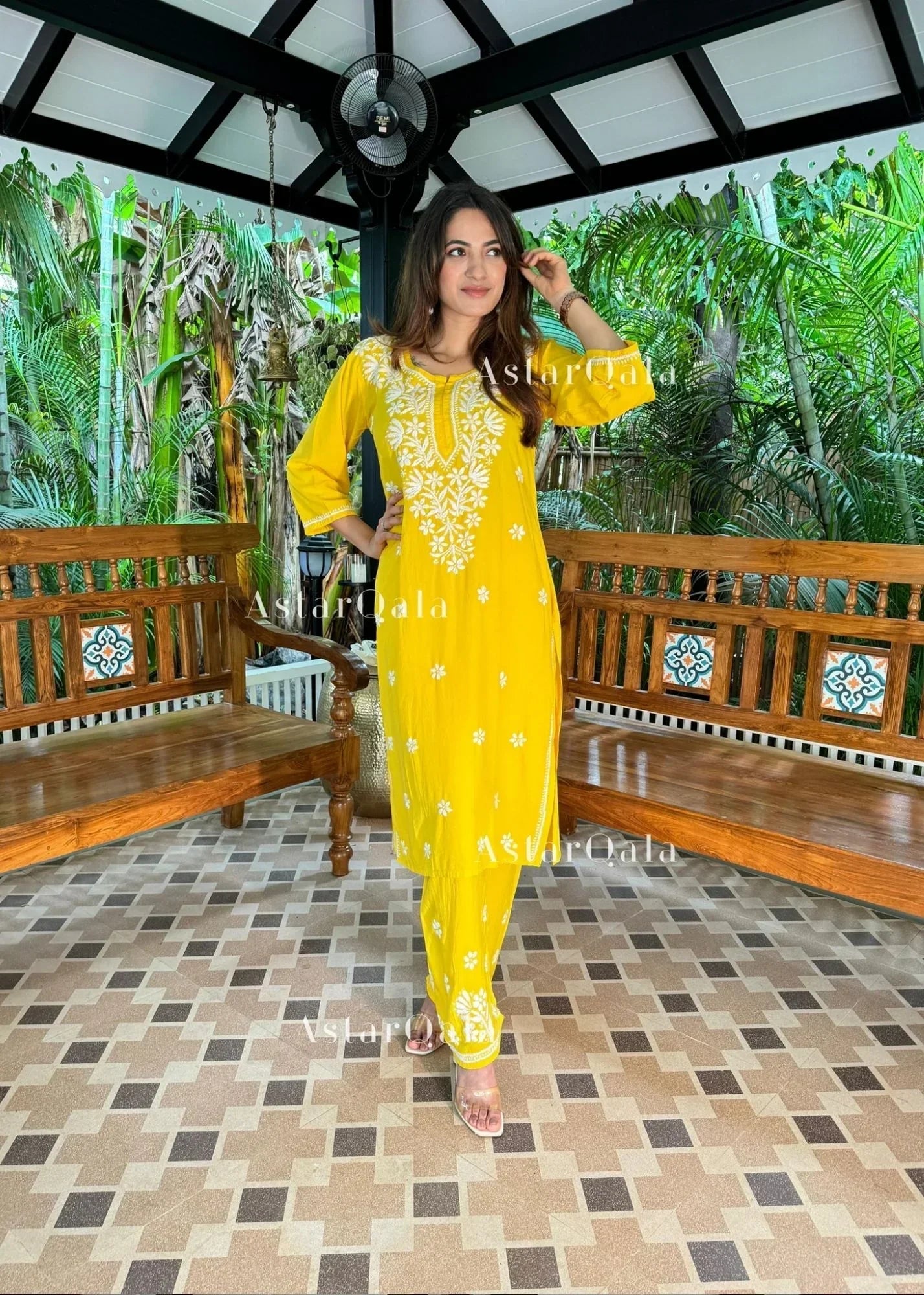 Chikankari Cotton Straight Kurta Set For Women(Yellow)