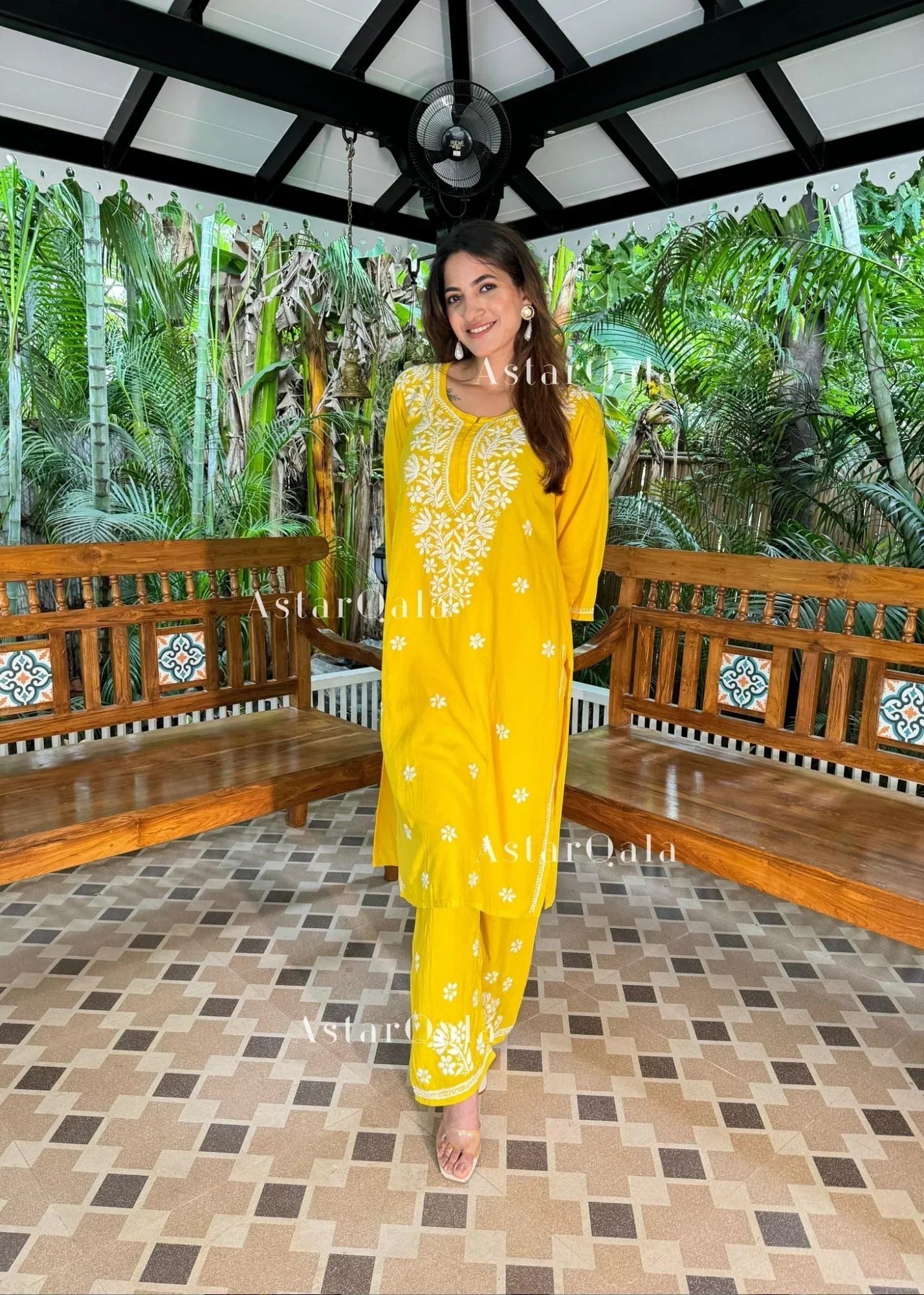 Chikankari Cotton Straight Kurta Set For Women(Yellow)