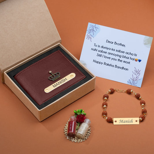 Personalized Premium Leather Wallet, Rudraksh Rakhi & Roli Chawal Gift Set