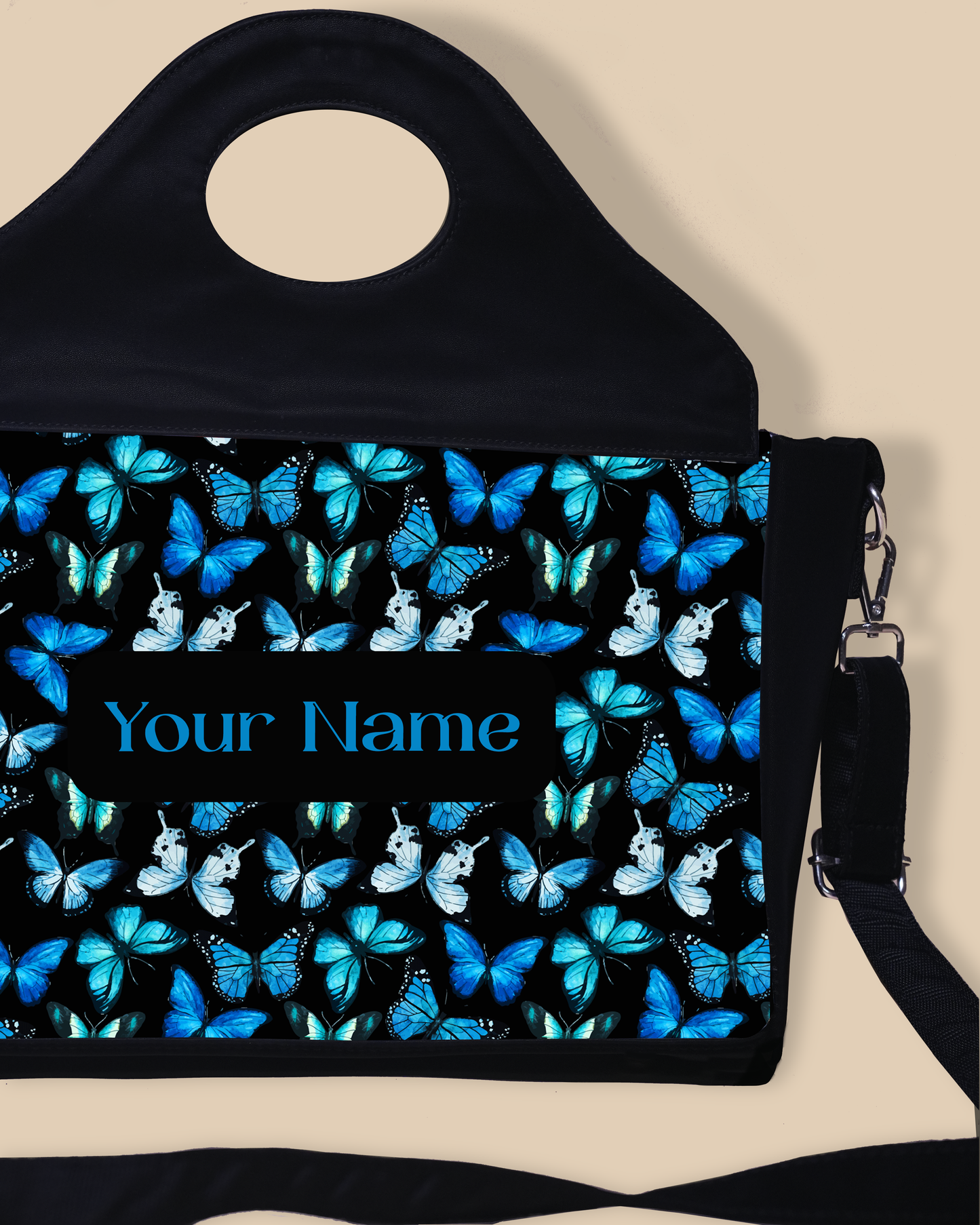 Customized Sling Purse Designed With Blue Flying Butterflies