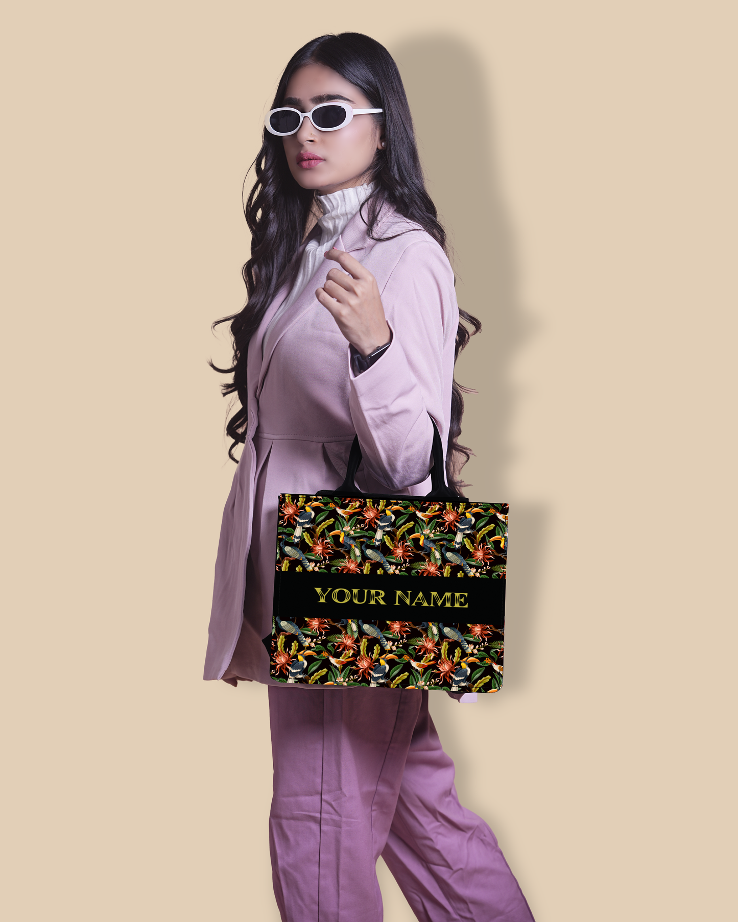 Customized small Tote Bag Designed with Hornbill , Carens Birds And Tropical Flowers