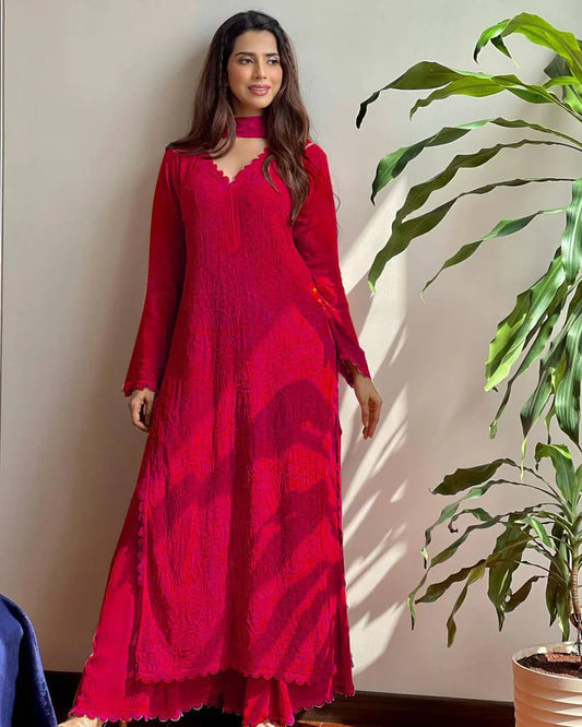 New Viscose Georgette Chikankari Kurta With Palazzo And Dupatta (Red)