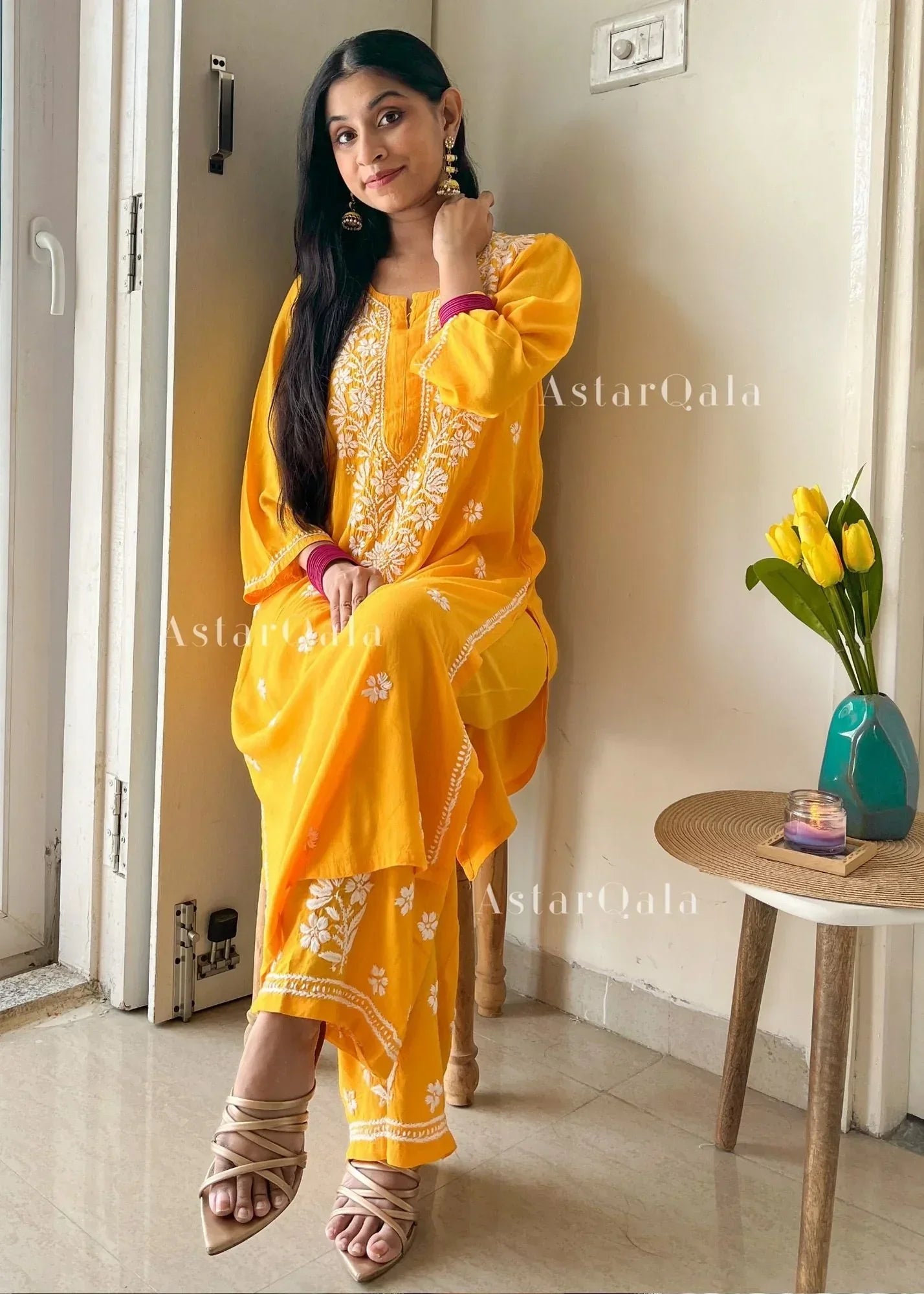 Chikankari Cotton Straight Kurta Set For Women(Yellow)