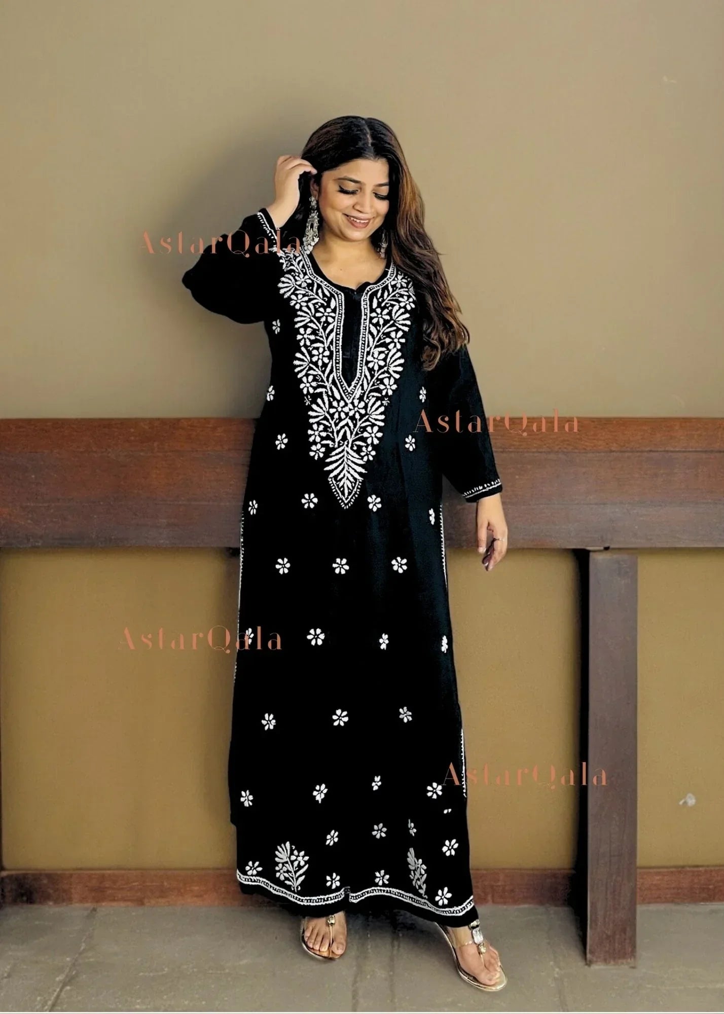 Chikankari Cotton Straight Kurta Set For Women (Black)