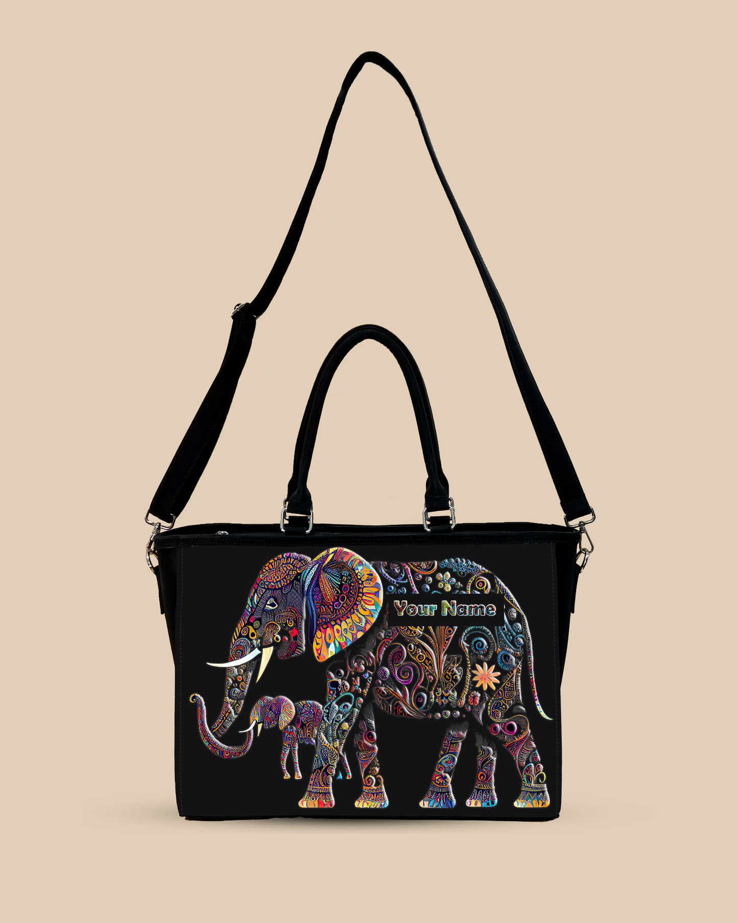 Baby And Mother Elephant Pattern Oversized Tote