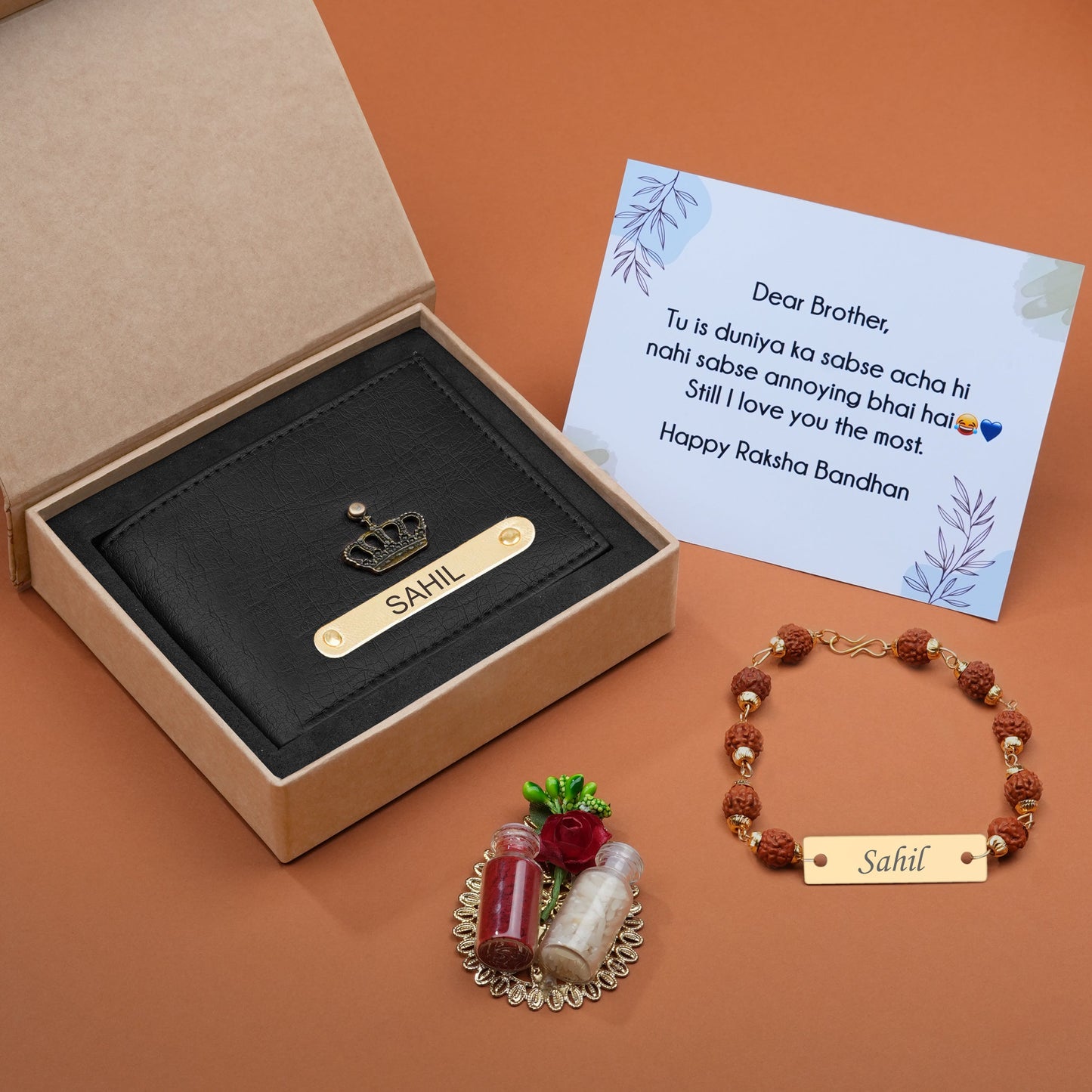 Personalized Premium Leather Wallet, Rudraksh Rakhi & Roli Chawal Gift Set