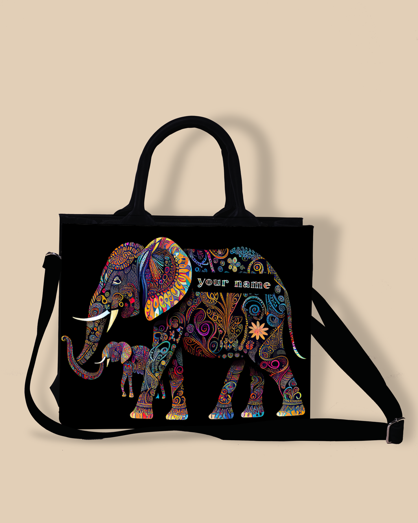 Customized small Tote Bag Designed with Baby And Mother Elephant Pattern