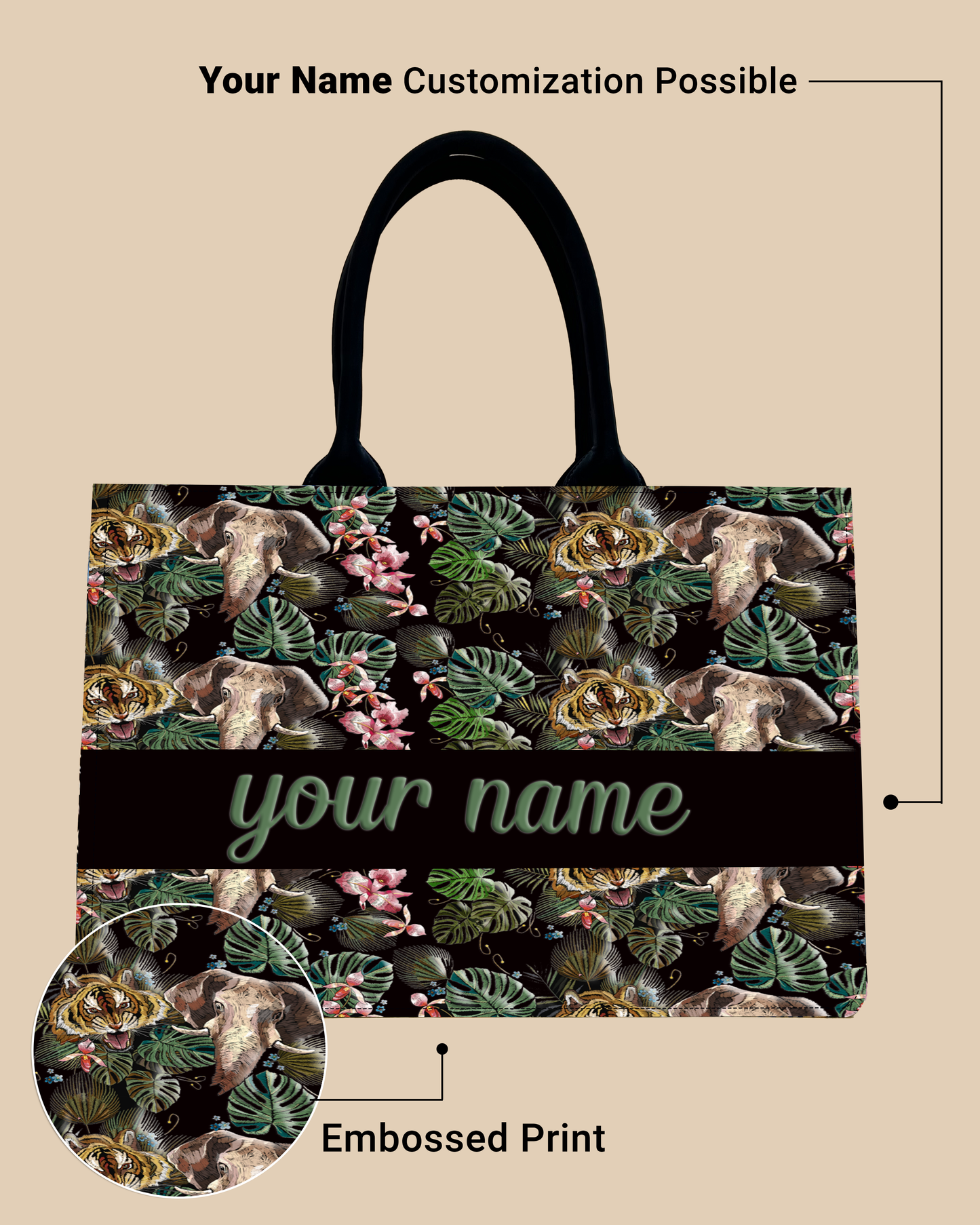 Customized Tote Bag Designed with Palm Leaves, Tiger And Elephant