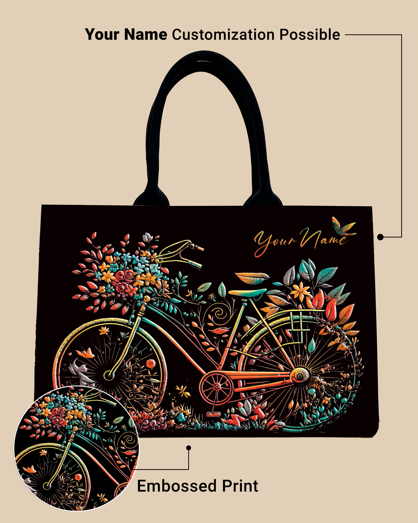 Customized Tote Bag Designed With Growing Nature On Colourfull Bicycle