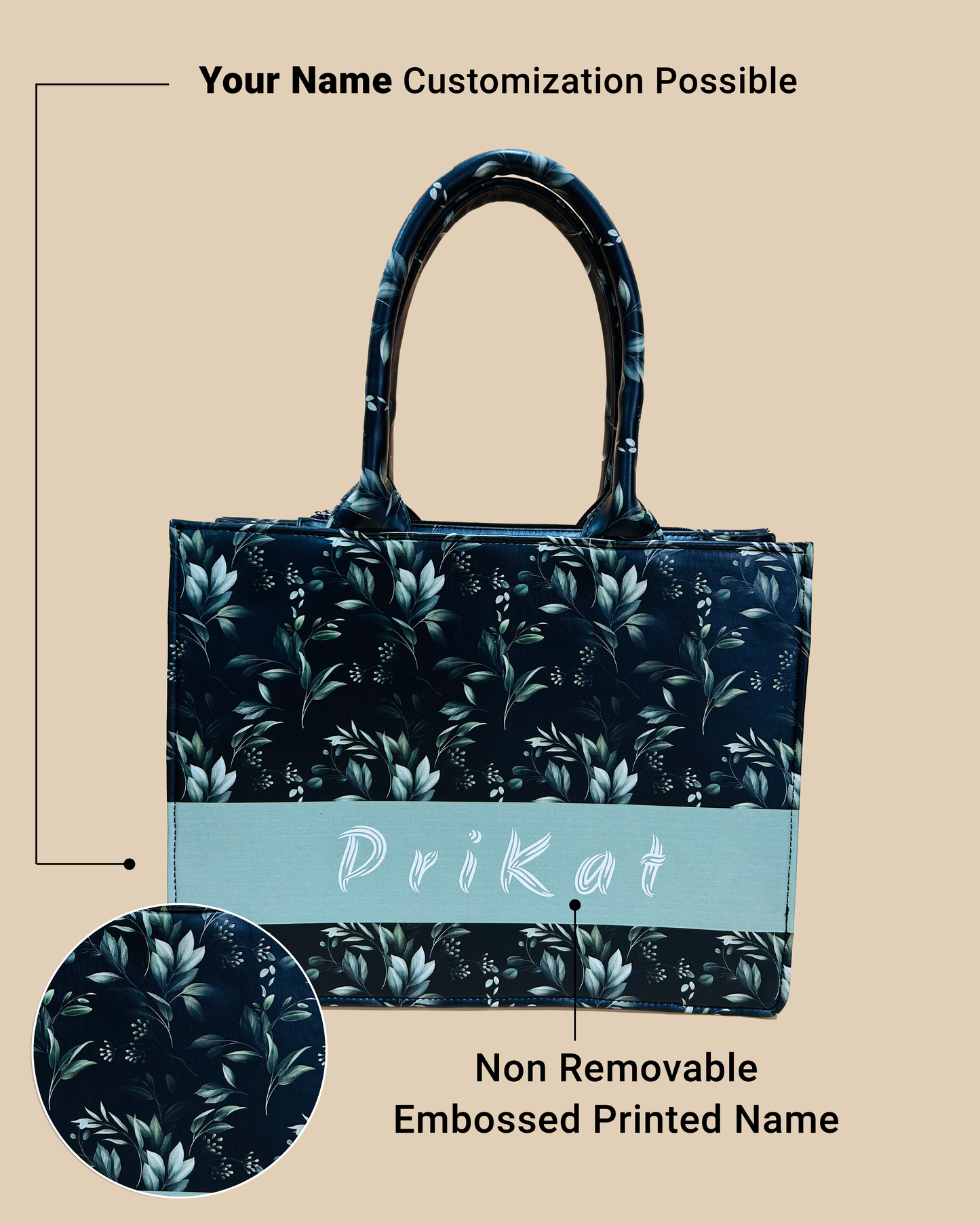 Customized Tote Bag  Designed with Black Boho Leaf