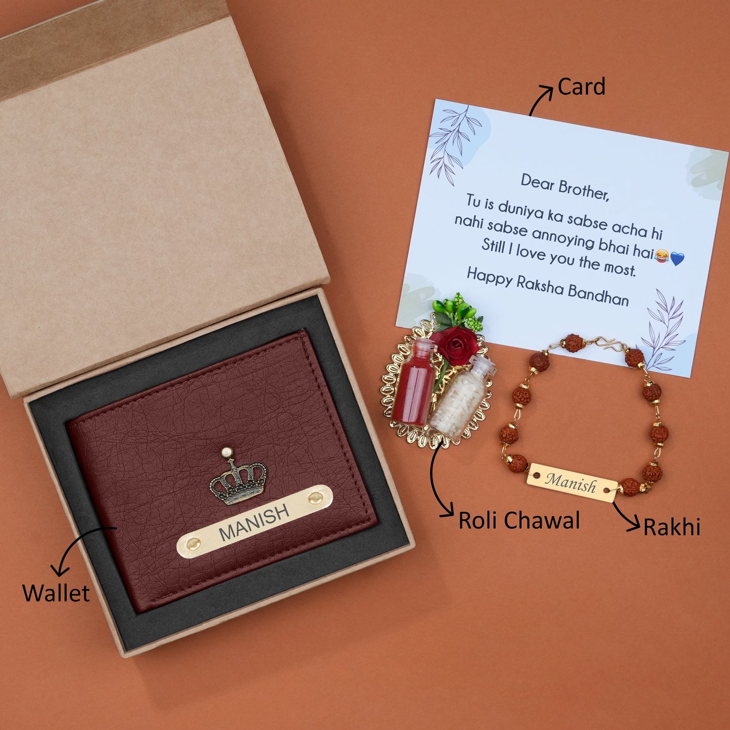 Personalized Premium Leather Wallet, Rudraksh Rakhi & Roli Chawal Gift Set
