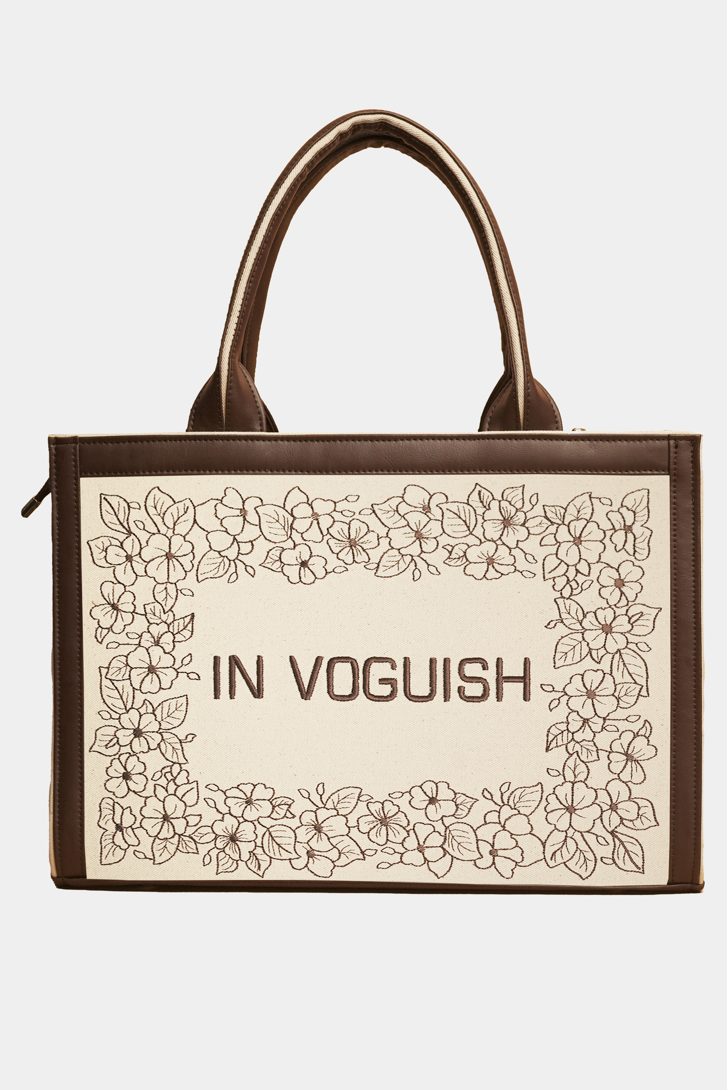 Elegant Floral Bliss Dark Brown Embroidered Tote Bag