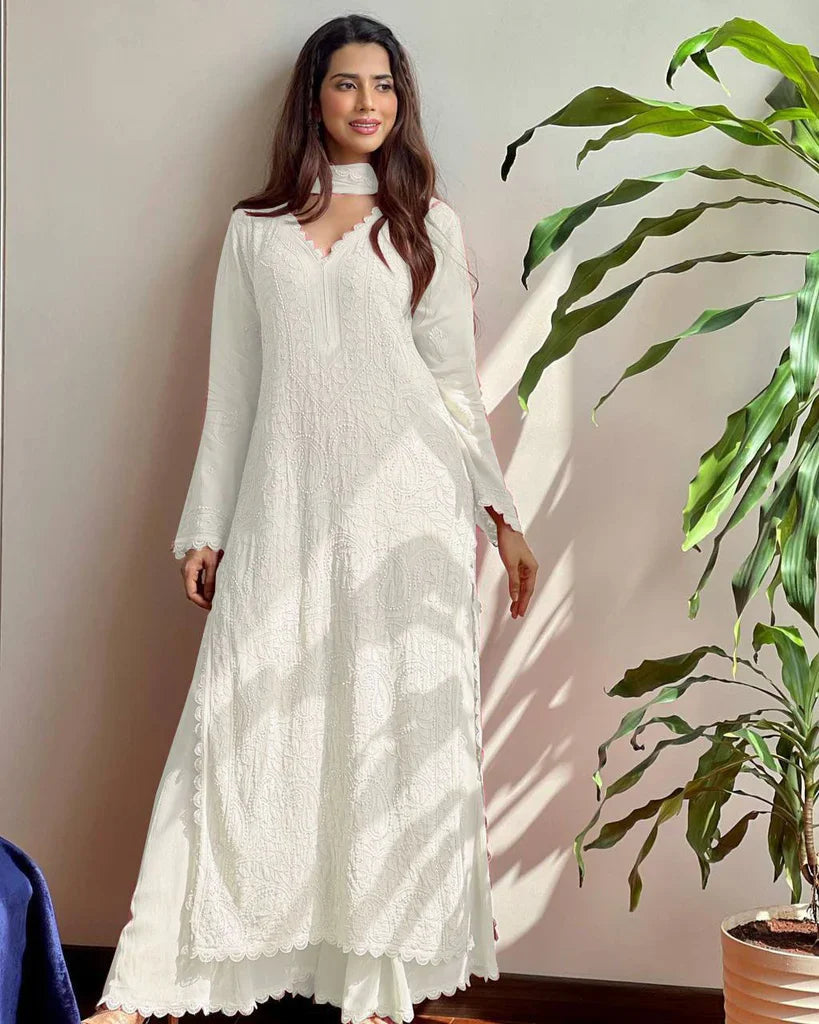 New Viscose Georgette Chikankari Kurta With Palazzo And Dupatta  (WHITE)