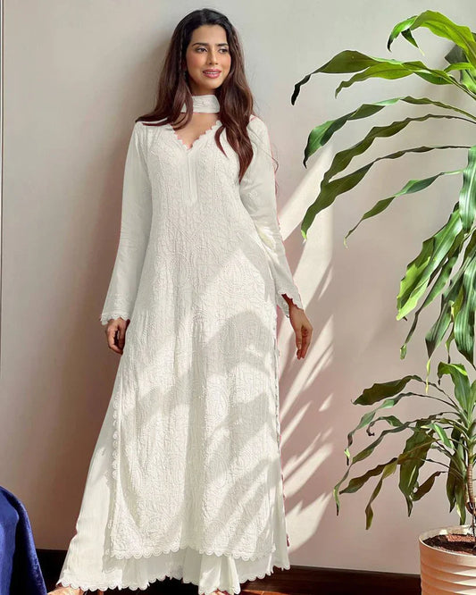 New Viscose Georgette Chikankari Kurta With Palazzo And Dupatta  (WHITE)