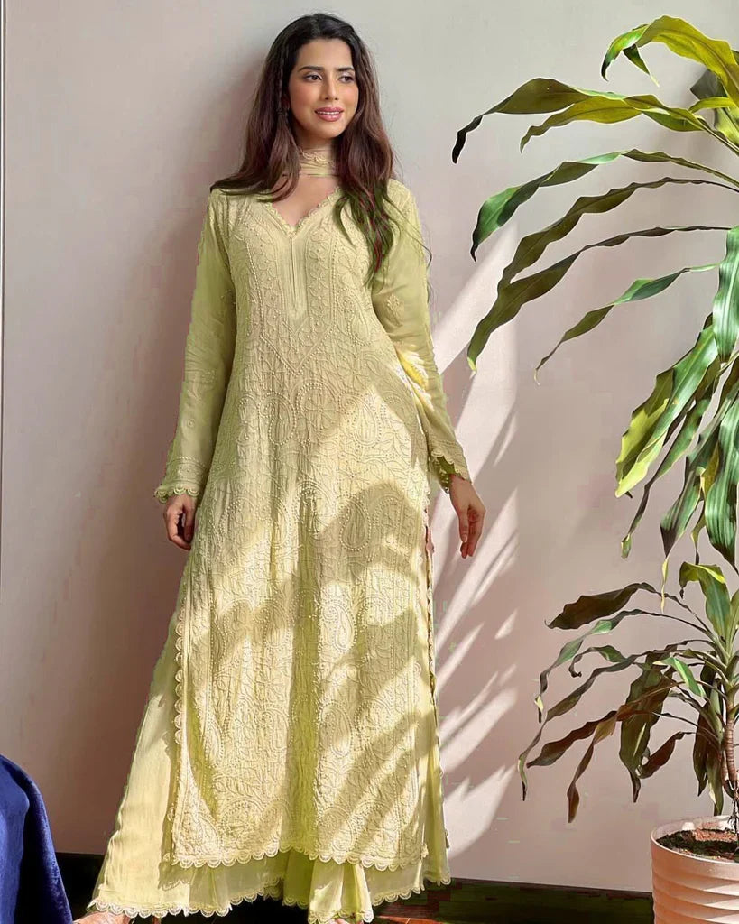 New Viscose Georgette Chikankari Kurta With Palazzo And Dupatta (Yellow)