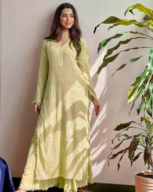 New Viscose Georgette Chikankari Kurta With Palazzo And Dupatta (Yellow)