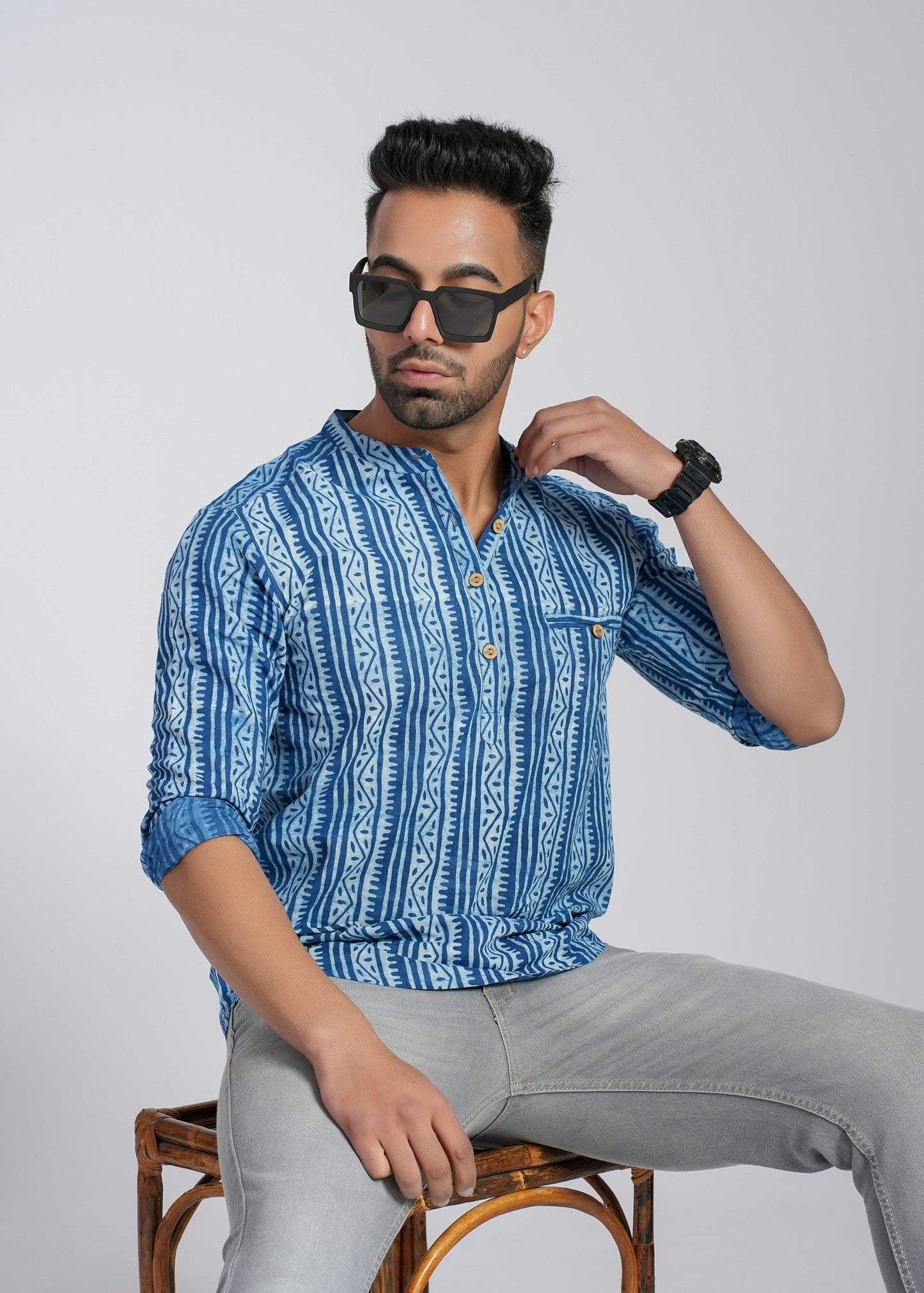 NATURAL INDIGO COTTON DABU FULL SLEEVE SHIRT