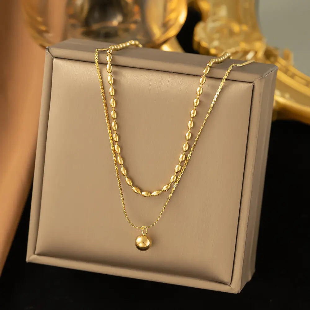 Anti-Tarnish Double Layer Ball Pendent 18K Gold Plated Stainless Steel Necklace