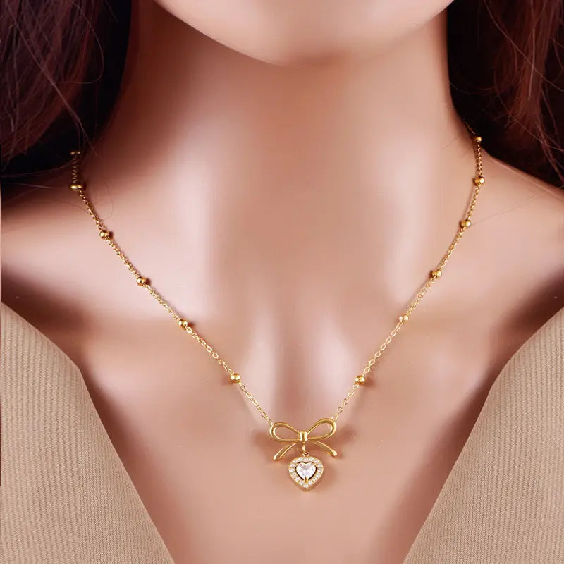 Anti-tarnish Stainless Steel Simple Zircon Diamond Bowknot Heart Pendant Necklace