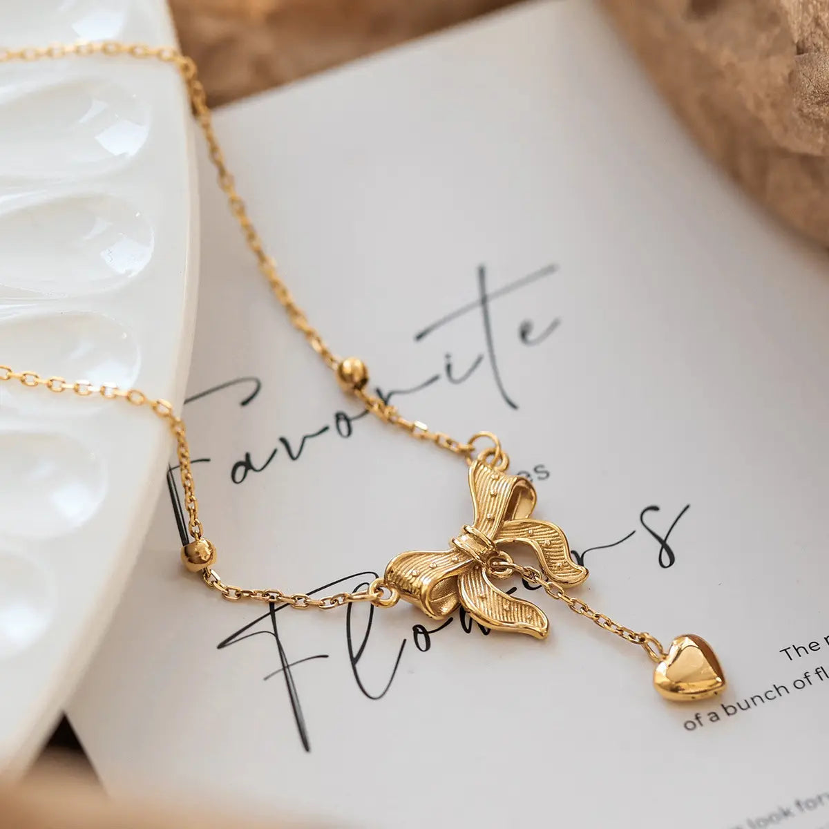Anti Tarnish 18K Gold Plated Bow necklace Heart Tassel Stainless Steel Necklace