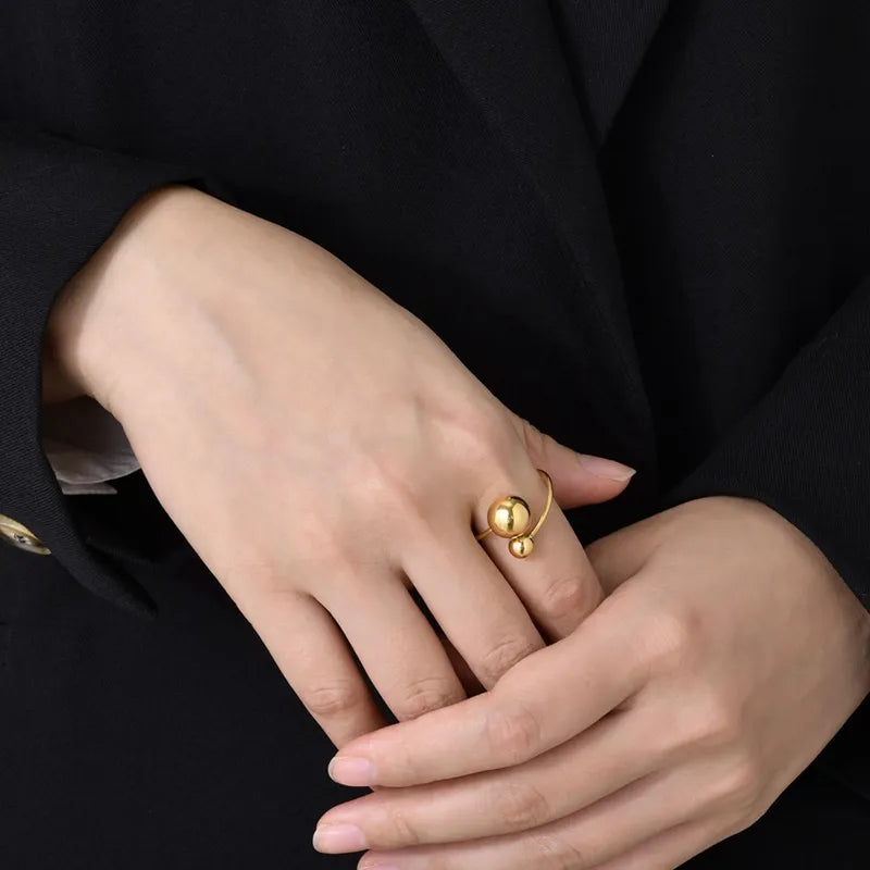 Anti Tarnish Stainless Steel Adjustable Ball 18K Gold Plated Ring for Women