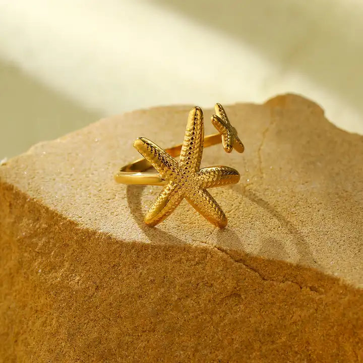 Anti Tarnish Stainless Steel Geometric Big and Small Textured Starfish Adjustable Ring