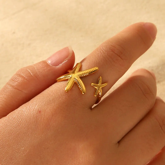 Anti Tarnish Stainless Steel Geometric Big and Small Textured Starfish Adjustable Ring