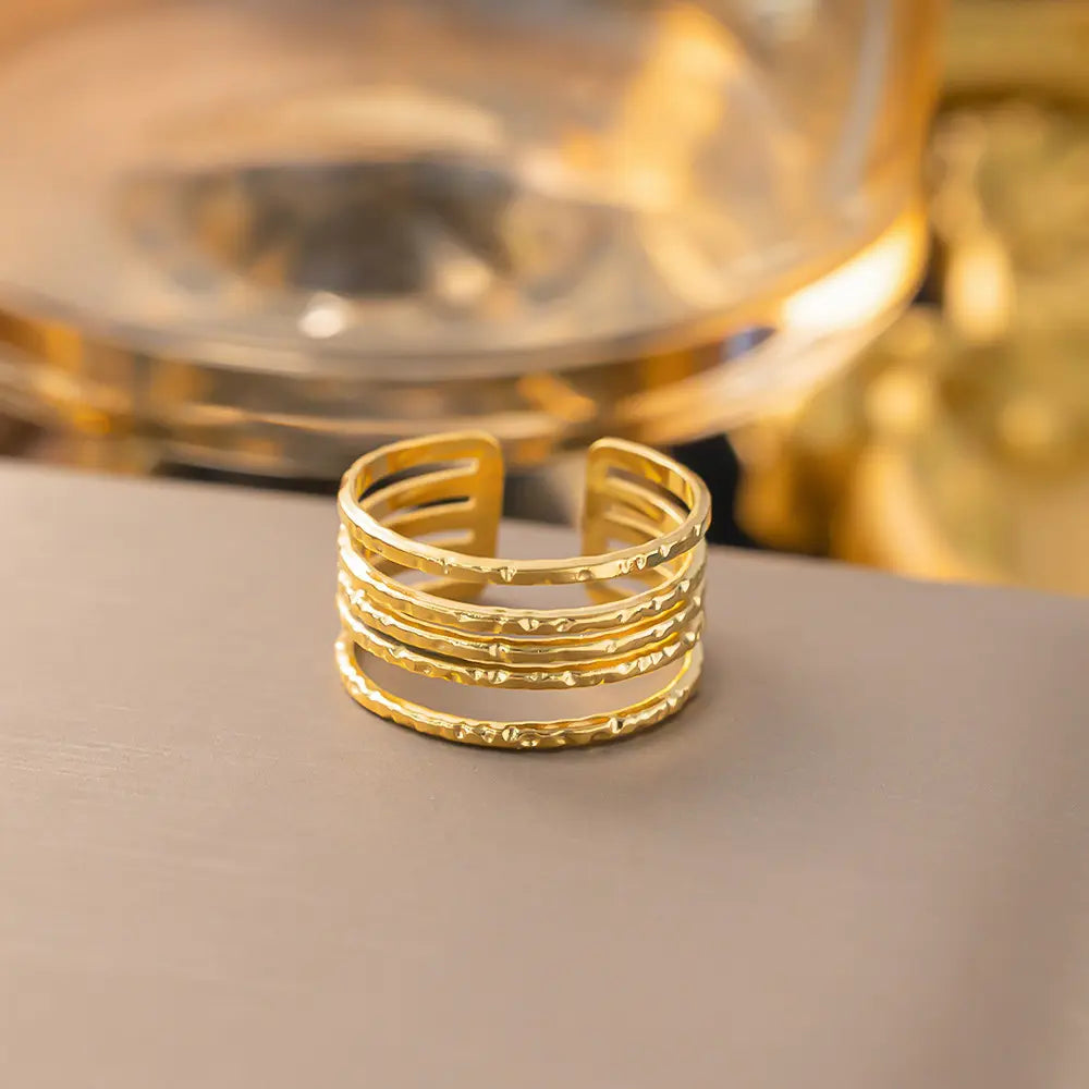 Anti Tarnish Stainless Steel Multi Layered Line Open Adjustable Ring